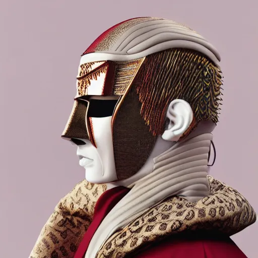 Image similar to portrait of masked dune dynasty with gucci clothes, white background, gucci logo, 8 k, symmetrical, 3 d render, octane render, insane details