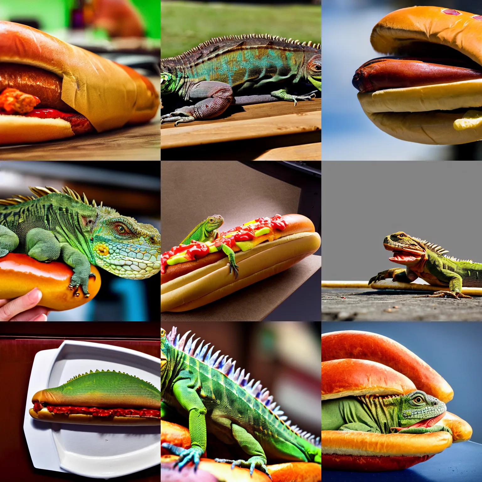 Prompt: Iguana in a hotdog bun, ultra-realistic award-winning, 8k photography
