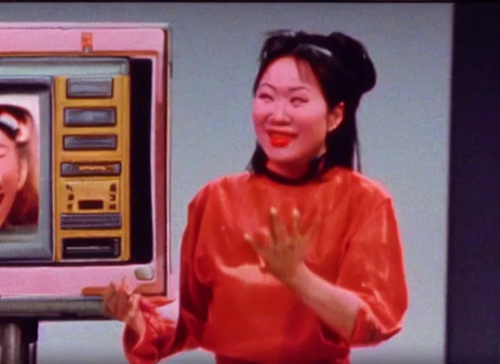 Prompt: Funny TV show in 90s. Color VHS footage. An Asian woman dancing on stage in the TV studio.
