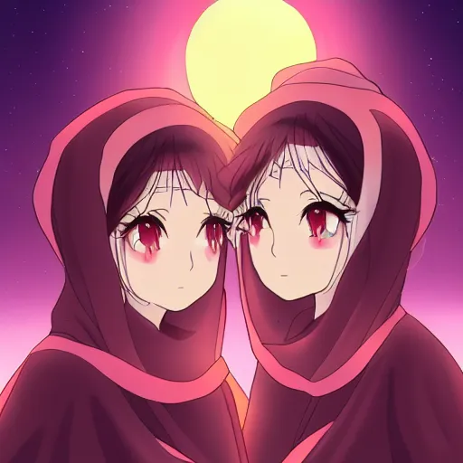 Prompt: two identical beautiful female nuns under night sky, intense, beautiful anime art