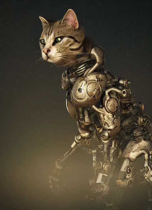 Image similar to giant cyborg cat on a dusky land, cinematic shot, intricate, ornate, photorealistic, ultra detailed, realistic, 1 0 0 mm, photography, octane, high definition, depth of field, bokeh, 8 k, artstation