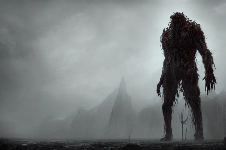 Image similar to a tall humongous angry monster made of flesh and bones, standing faraway in the far distance, elden ring boss, realism, photo realistic, high quality, misty, hazy, ambient lighting, cinematic lighting, studio quality, scary