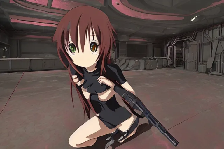 Image similar to an anime girl in a screenshot of the video game doom, the anime girl is crouching