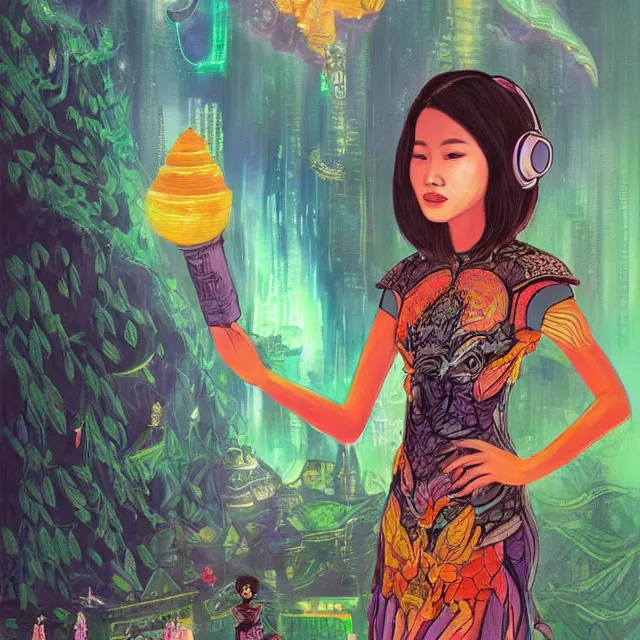 Prompt: southeast asian scifi princess of the cloud forest, wearing a lovely dress with cyberpunk details. this oil painting by the beloved children's book author has an interesting color scheme and impeccable lighting.