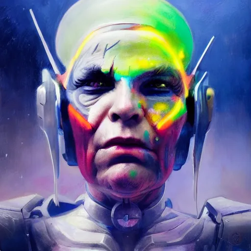 Prompt: a beautiful colorful portrait of a cyborg elder with futuristic cybernetic glowing war face paint, dynamic pose, sci - fi, cyberpunk by ruan jia, roger dean, rene magritte, jules bastien - lepage, trending on artstation, award winning, pastel colors, 8 k