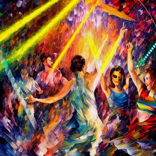 Image similar to rave dance party with lasers by arthur adams, charlie bowater, leonid afremov, chiho ashima, karol bak, david bates, tom chambers