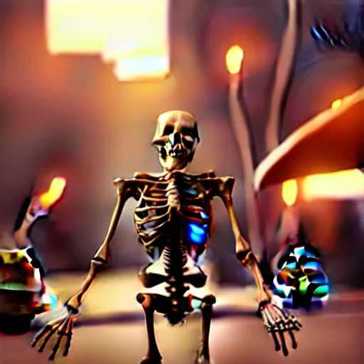 Image similar to weta disney pixar movie still macro close photo of a skeleton with traffic - cones for hands. his hands are traffic - cones. : : by weta, greg rutkowski, wlop, ilya kuvshinov, rossdraws, artgerm, octane render, iridescent, bright morning, anime, liosh, mucha : :