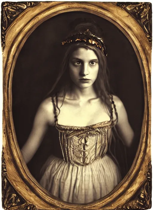 Image similar to portrait of young woman in renaissance dress and renaissance headdress, art by sally mann