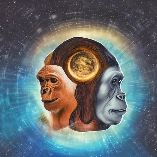 Image similar to double exposure portrait of astronaut and a chimpanzee astronaut with space and time in the the background by davinci, circles, psychedelic, pencil art, fibonaci sequence, dynamic lighting stars, sharpness, golden ratio