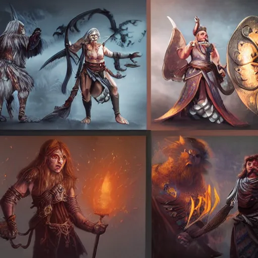 Image similar to hyperrealistic illustration of a party of fantasy warriors and sorcerers, concept art, cinematic, inspired by best fantasy artists