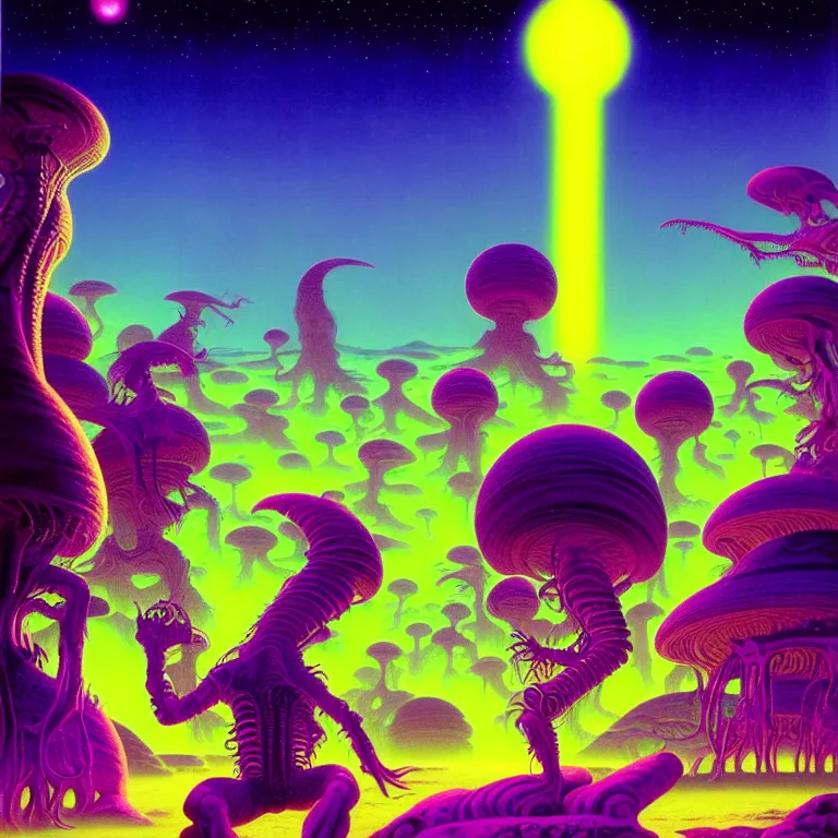 Prompt: beautiful aliens at cosmic beach, infinite waves, synthwave, bright neon colors, highly detailed, cinematic, tim white, roger dean, michael whelan, vladimir kush, jim burns, bob eggleton, philippe druillet, kubrick, aubrey beardsley, alfred kelsner, boris vallejo