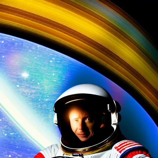 Image similar to astronaut floating in space, with reflection of saturn on it's helmet, HDR, natural light, galaxy, Ray tracing reflection, head level shot, dynamic pose, award winning photograph, Mucha style 4k,