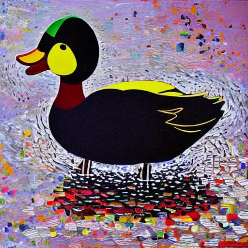 Prompt: a duck on the prowl oil painting vik muniz