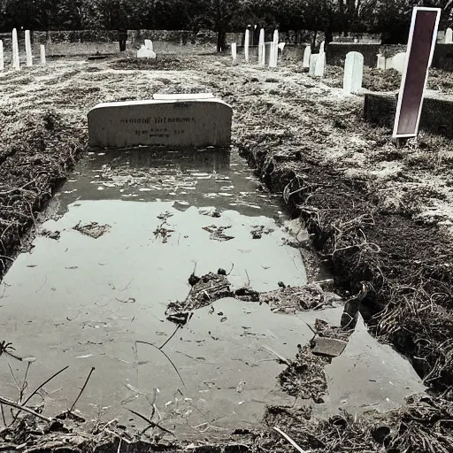 Image similar to dreadful, composed by ferdinand keller, by ron garney bauhaus, glitch art. the experimental art shows a grave that has been flooded with water. the grave is located in a cemetery in italy. the water in the grave is dirty & there is trash floating in it. the grave is surrounded by a fence.