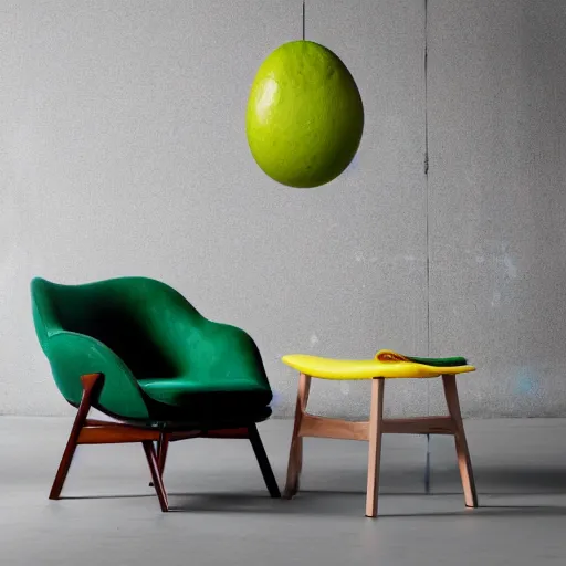 Image similar to an avacado chair, an armchair that looks like an avacado with green leather and seed yolk, award winning design, studio lighting, advanced photography, beautifully lit