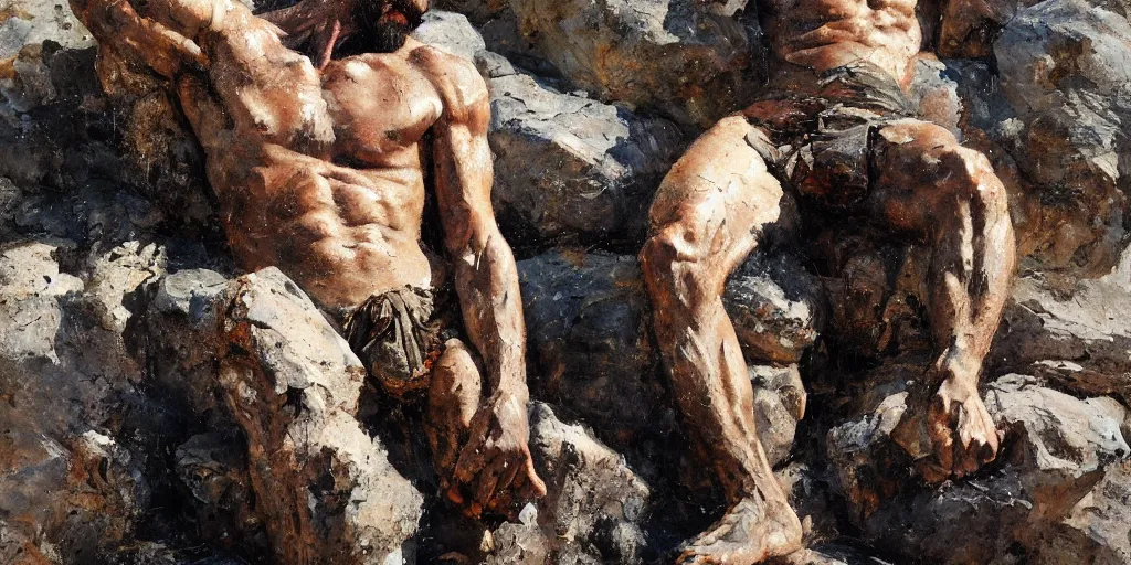 Prompt: highly detailed photography of a men made of rocks, big rocks, sharp focus, dramatic scene, aesthetic, dynamic lighting, elegant, harmony, masterpiece, by kent williams, by jenny saville, high quality