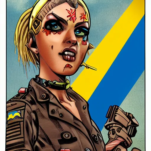 Image similar to tank girl comic, ultra detailed face, ukrainan flag