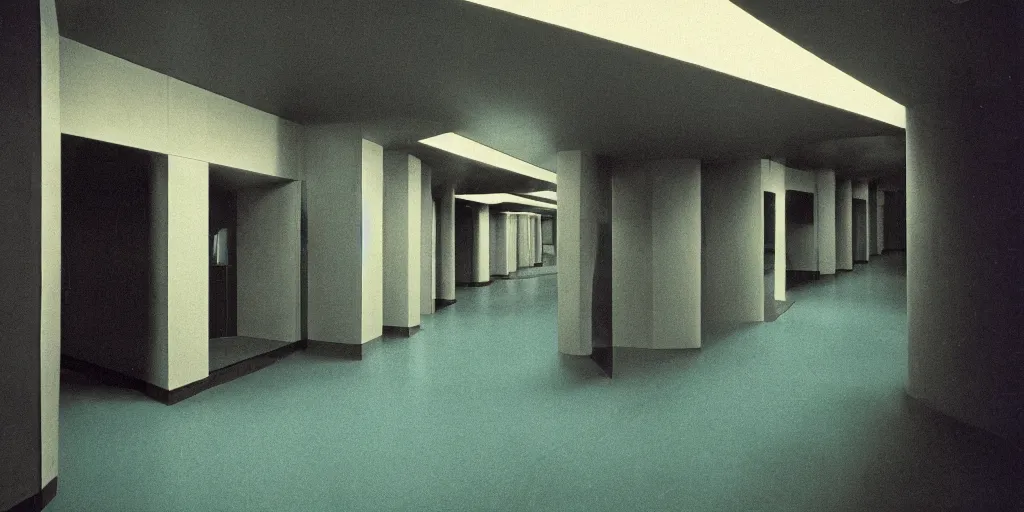 Image similar to noisy color photograph of a retrofuturist liminal space, hallways, minimalist, oddly familiar, cinematic, soft vintage glow