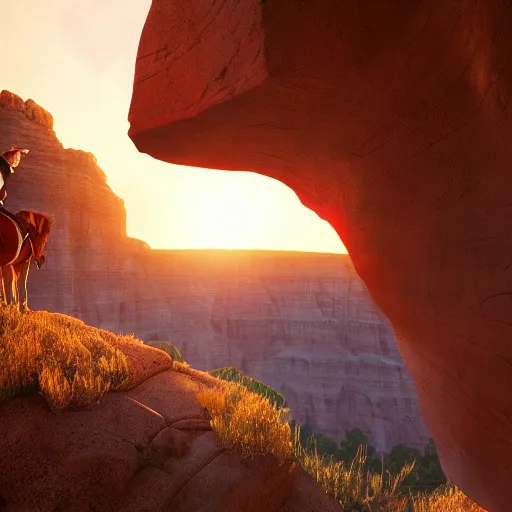 Prompt: spirit untaimed, horse from the movie next to a canyon riding in the sunset, movie poster, 8 k, trending on artstation, global illumination, volumetric shadows