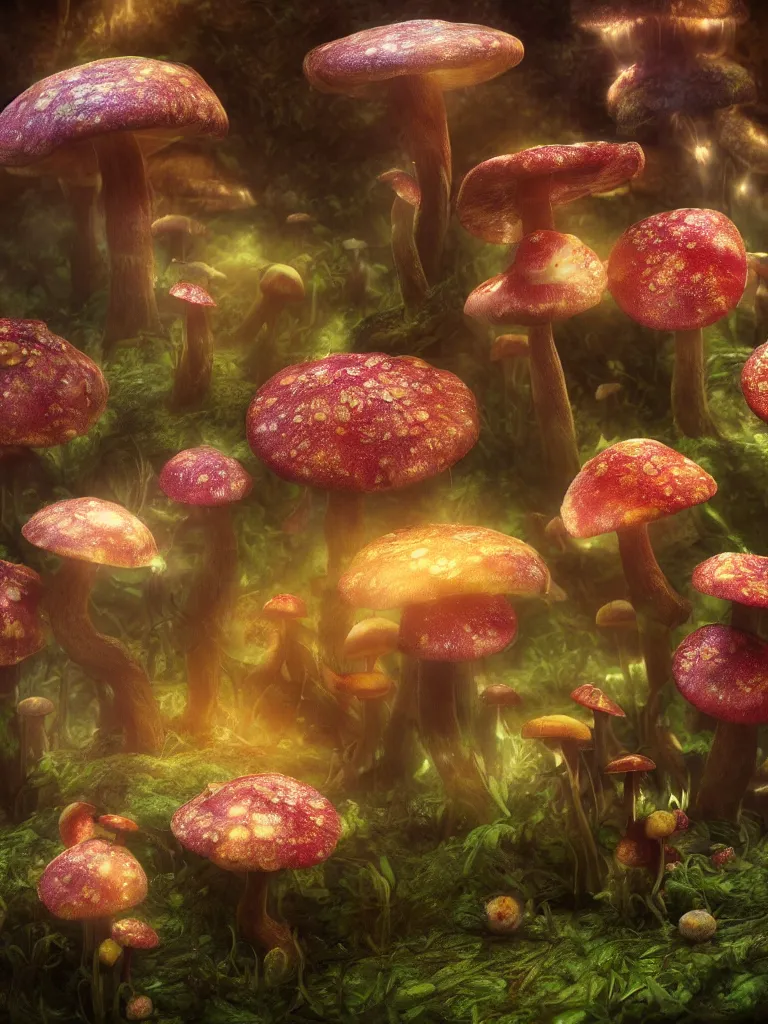 Image similar to a psychedelic engine creates mushrooms while fairy's dance in delight, by brian froud, octane render, 8 k, beautifully lit