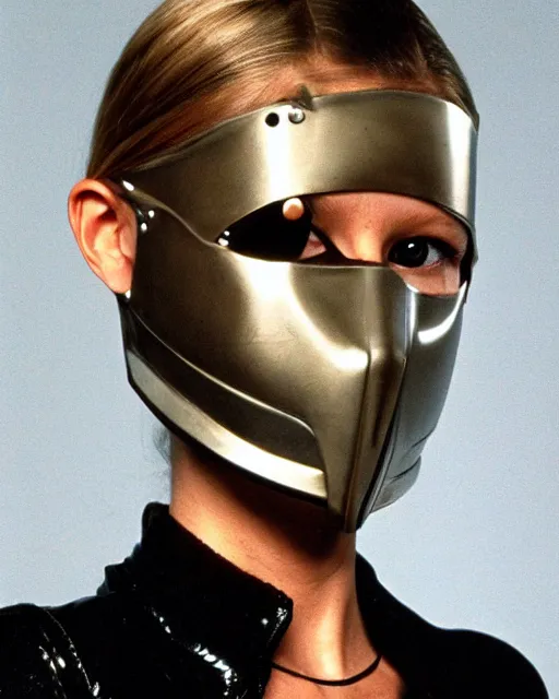 Image similar to young gwyneth paltrow wearing a futuristic mechanical mask with amber eye reflective lenses, and black leather body armor.