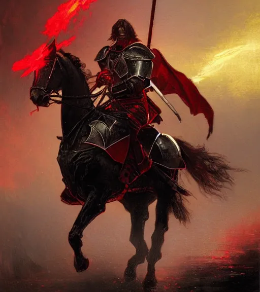 Prompt: a knight wearing black and red armor on horseback, glowing red eyes, intricate, highly detailed, artstation, concept art, perfect composition, dynamic lighting, illustration, volumetric lighting, illustration, sharp focus, art by ralph horsley, greg rutkowski, alphonse mucha