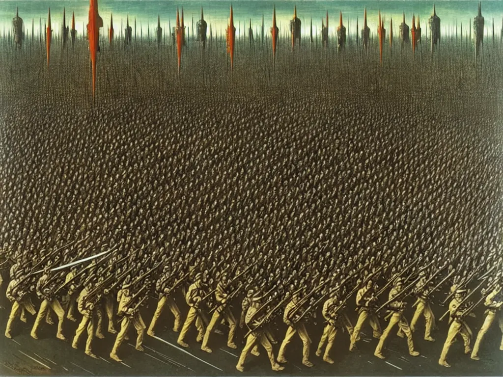 Image similar to armies marching into battle, futuristic alternate timeline, communist hordes, art by max ernst