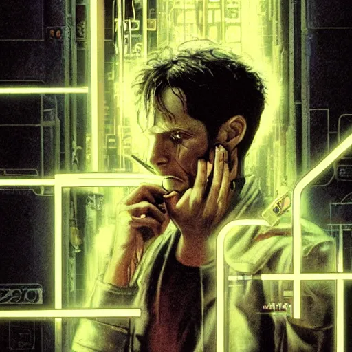 Prompt: Case from the novel Neuromancer, addicted, smoking a cigarette, portrait shot, wires, cyberpunk, movie illustration, poster art by Drew Struzan