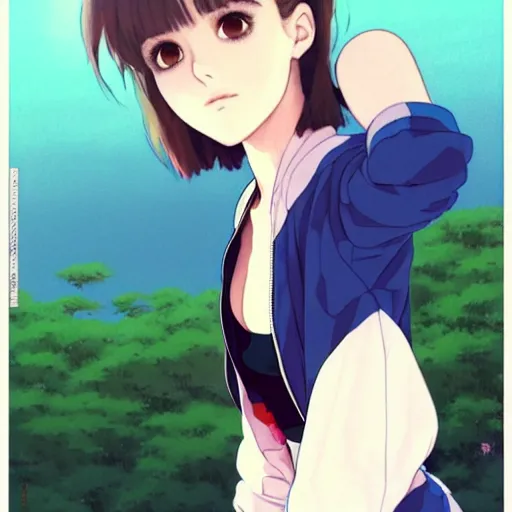 Image similar to a beautiful! boyish! natalie portman alluring gravure! model, wearing oversized mayan bomber jacket and leotard with overalls, bulky poofy bomber jacket with mayan patterns, gapmoe yandere grimdark, trending on pixiv fanbox, painted by greg rutkowski makoto shinkai takashi takeuchi studio ghibli, akihiko yoshida