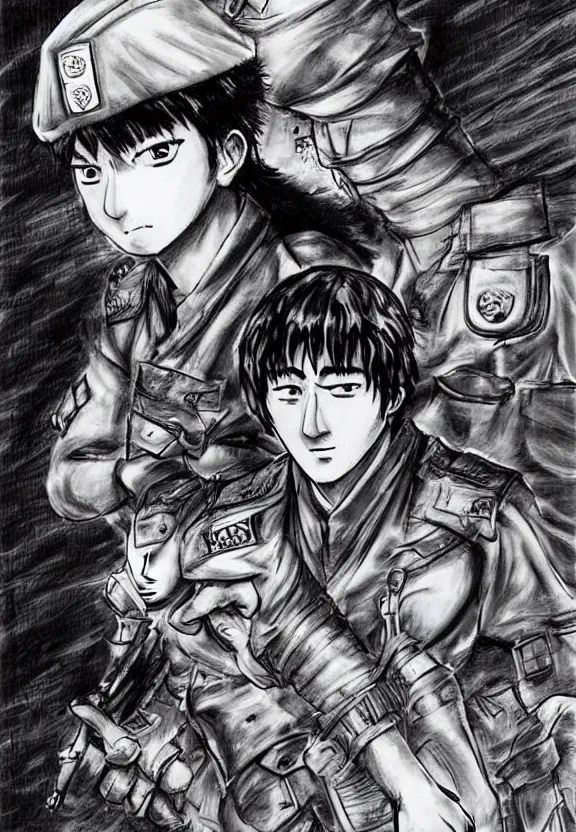 Image similar to manga about jackie chan as a soldier with ptsd, by kentaro miura