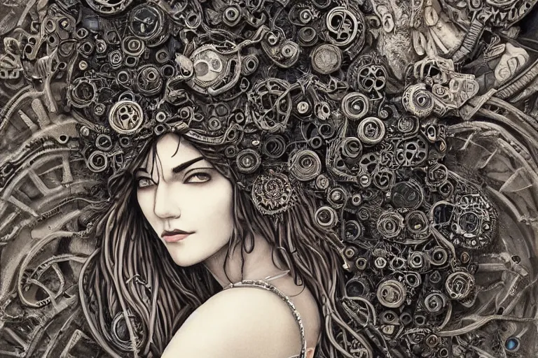 Image similar to beautifully stunning stonepunk woman_integrating_with_technology_full_face_insipiring_detailed_intricate_ornate_cables_connected_to_head_big_open_electric_eyes_ the_singulairty is now by Hironaka, Harumi