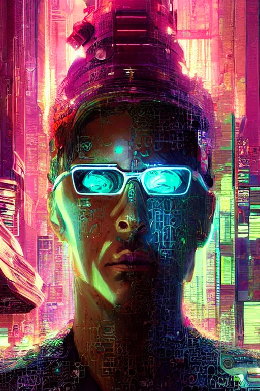 Image similar to A portrait of the Techgnosis author Erik Davis as a cyberpunk, iridescent highlights, background of digital greebles, highly detailed, intricate, soft, sci-fi, sharp focus, glowing lines, art by Ruan Jia and Moebius