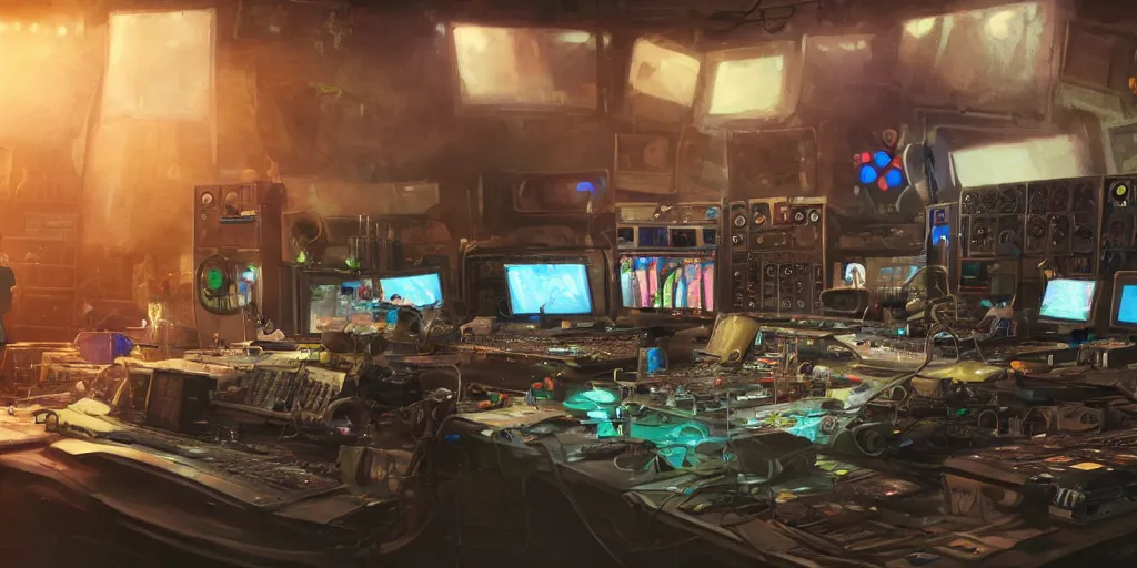 Prompt: an environmental concept art of a diskjockey in a cluttered producer studio, highly detailed, cinematic, dramatic lighting, close shot by francis tneh