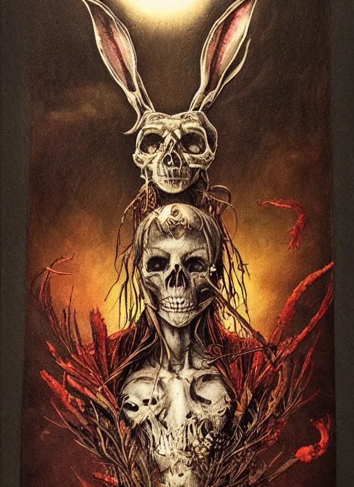 Prompt: the march hare death tarot card, highly detailed, half skull face, cinematic, 8 k, by stanley artgermm, tom bagshaw, greg rutkowski, carne griffiths, ayami kojima, beksinski, giger, trending on deviantart, hyper detailed, horror, full of colour