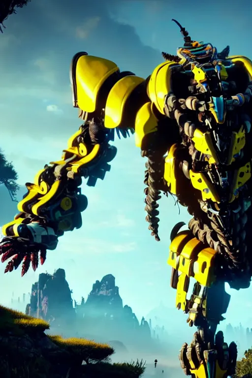 Image similar to a cinematic still from horizon zero dawn, skinny full body yellow humanoid, full body yellow bumblebee mech, decepticon armor plating, octane render, nvidia raytracing demo, masterpiece, aged armor plating, aggressive head,