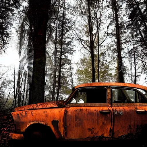 Prompt: a rusted old abandoned car in an eerie forest, sunlight seeping in through the trees