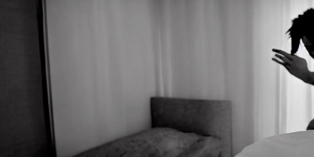 Image similar to a still shot of a scary male drug addict ghost jumpscare to camera in a hotel room, horror