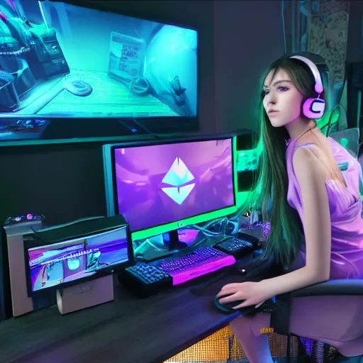 Prompt: beautiful gamer girl twitch streamer in a e - girl clothing looking at the monitor, ultra - hd, hcl, volumetric lighting, detailed and intricate environment, trending on twitch