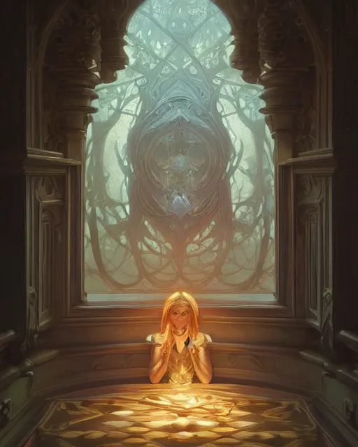 Prompt: a normal room with a subtle optical illusion , deep focus, D&D, fantasy, intricate, elegant, highly detailed, digital painting, artstation, concept art, matte, sharp focus, illustration, hearthstone, art by Artgerm and Greg Rutkowski and Alphonse Mucha