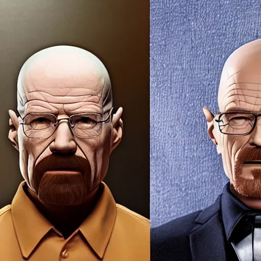 Prompt: Full-HD picture of Walter White next to his madame tussauds version.