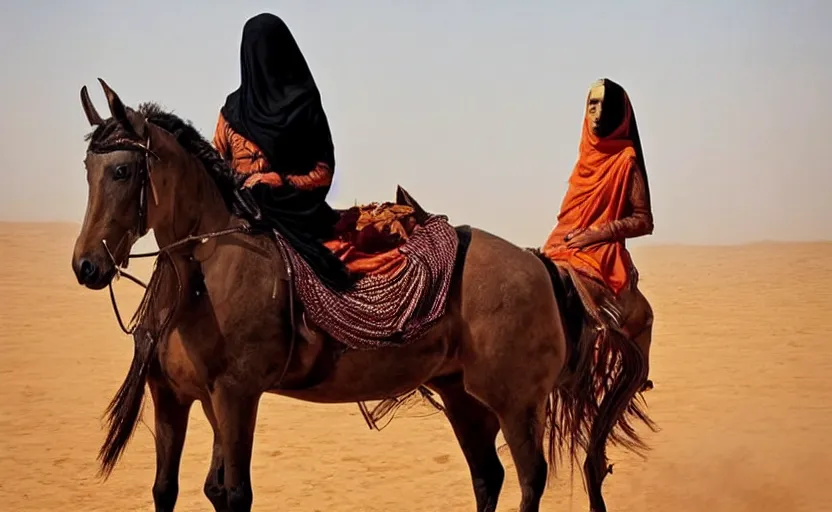 Prompt: beautiful burqa's woman, riding a horse!!! in saharan, sharp eyes, handling riffle on chest, shooting pose, perfect posture, dust, cinematic, dynamic pose, pinterest, center of interest