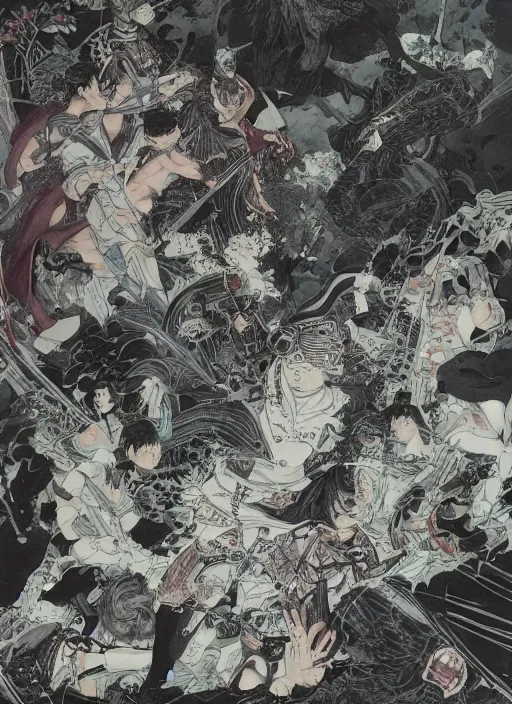 Prompt: battle between good and evil , battle between angels and demons, by and Takato Yamamoto and Yoshitaka Amano, high resolution, ultra detailed