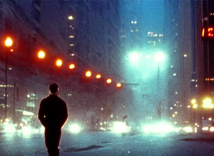 Image similar to film footage of giant michael j. fox in a foggy city, eerie, monster movie, 8 k, 8 5 mm