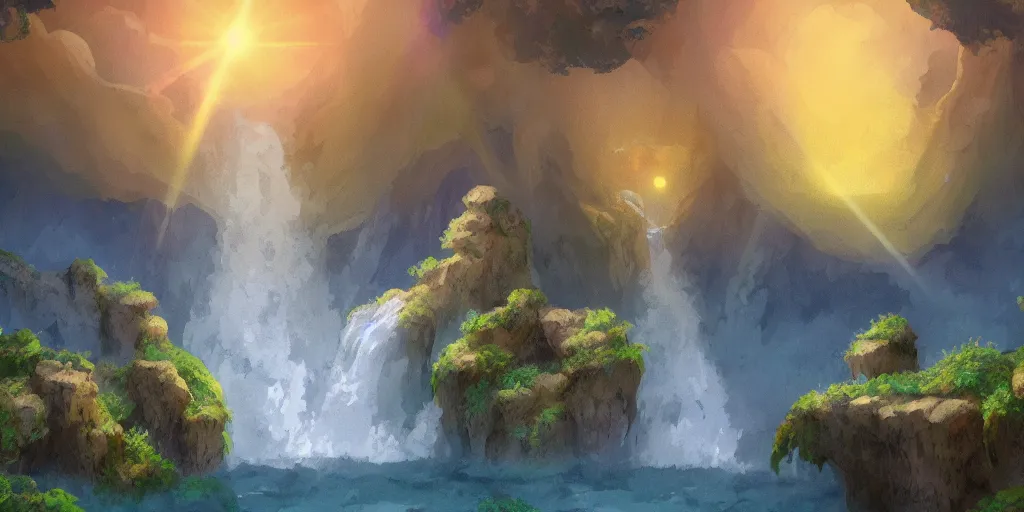 Image similar to a cell - shaded studio ghibli concept art study of a waterfall coming out of a golden cube dimensional portal flying over an arizona flooded desert on a misty starry night. a waterfall is flowing out of the portal. very dull colors, hd, 4 k, hq