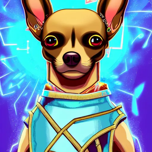 Image similar to a chihuahua with a third eye living in an extradimensional reality, in the style of 9 0 s and goof troop, illustration, epic, fantasy, hyper detailed, smooth, unreal engine, sharp focus, ray tracing, physically based rendering