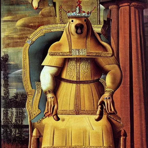 Prompt: A portrait of a humanoid capybara depicted as a medieval king on a throne, renaissance oil painting by Salvador Dali