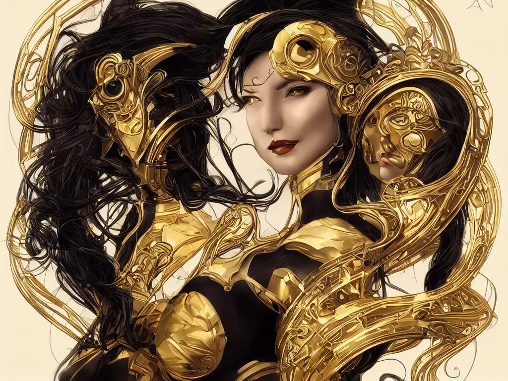 Image similar to beauty art nouveau woman, black and gold robotic, trending on artstation, by Artgerm