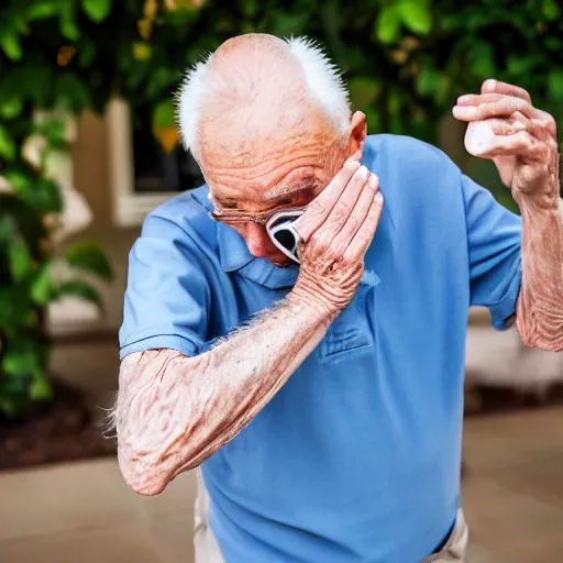 Prompt: elderly man dabbing, nursing home, canon eos r 3, f / 1. 4, iso 2 0 0, 1 / 1 6 0 s, 8 k, raw, unedited, symmetrical balance, wide angle