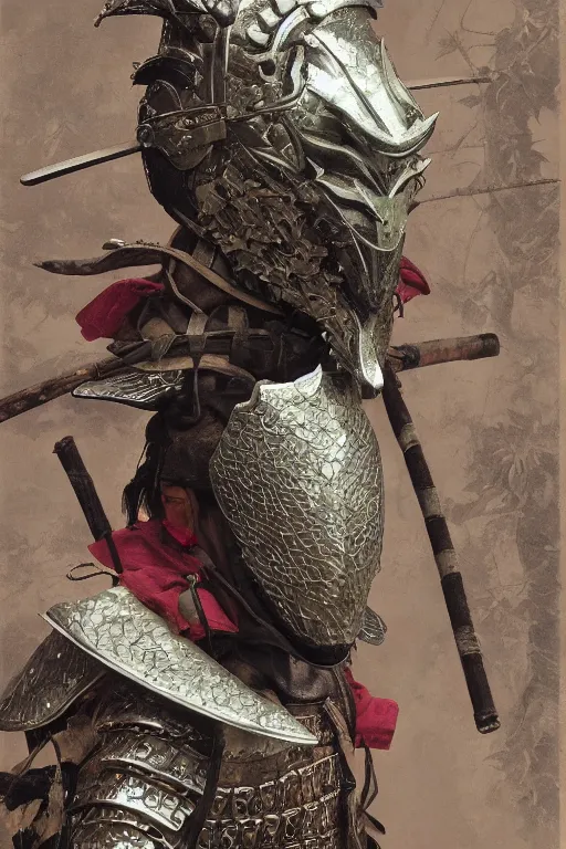 Prompt: close up of a wandering samurai in full armor resembling dragon skin and a helmet resembling a dragon head, resting in a dark bamboo forest, by huang guangjian and gil elvgren, sachin teng, greg manchess