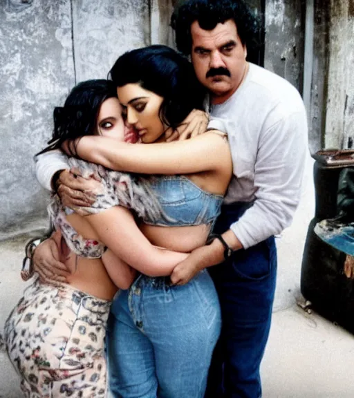 Image similar to Pablo Escobar hugging kim kardashian & kylie Jenner in a derelict mafia mansion